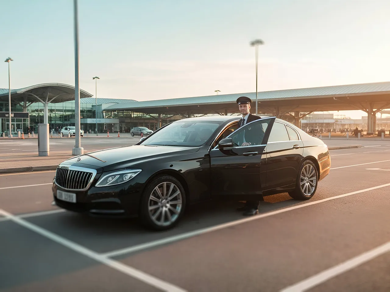 Code E Cars driver with Mercedes S Class at London airport talking about Airport Transfers