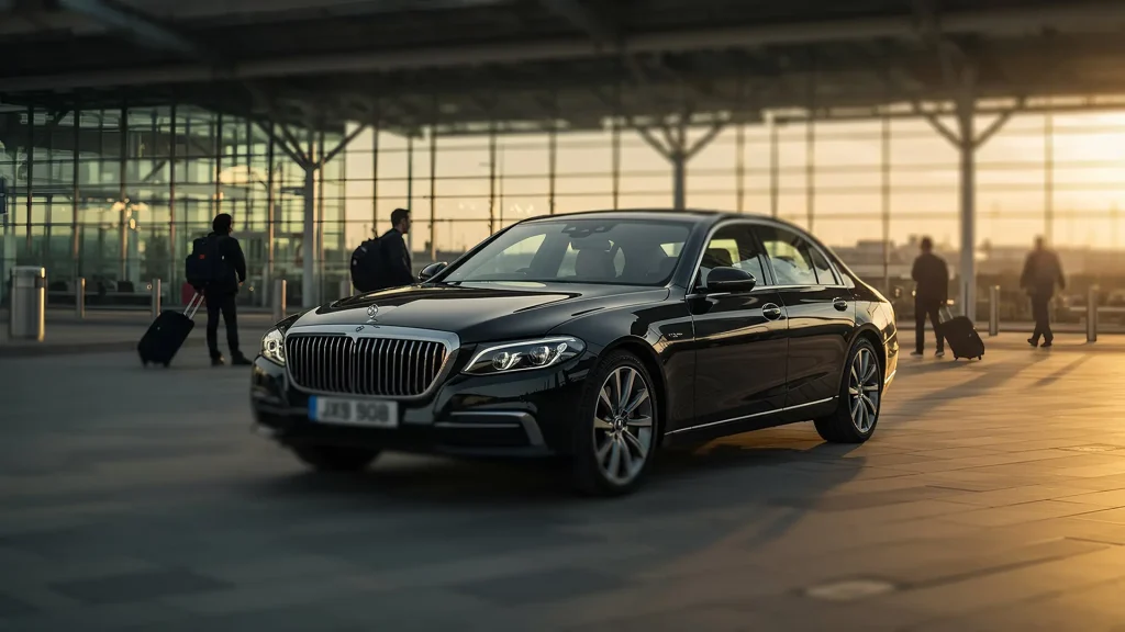 Code E Cars Chauffeur Service Pricing image with a Mercedes S Class parked outside airport terminal