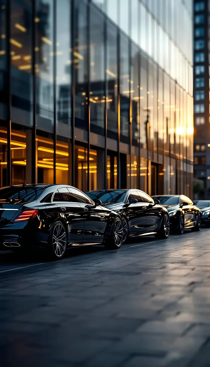 Code E Cars fleet of S Class Mercedes LWB parked outside London office building