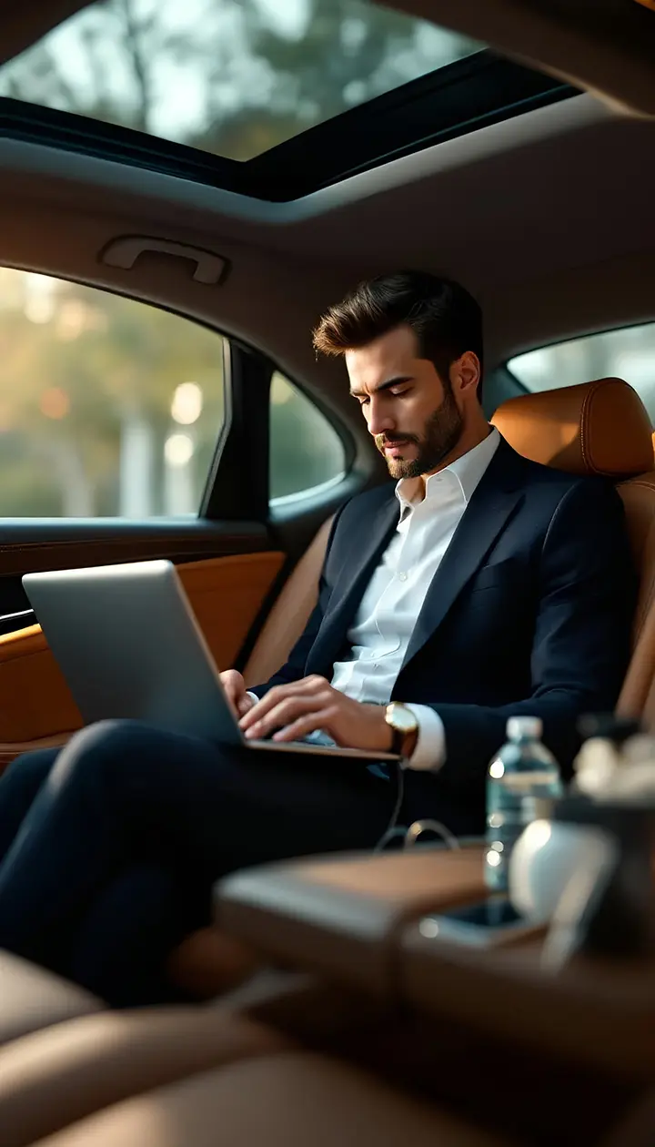Code E Cars Executive Chauffeur Service drives a businessman working on a laptop