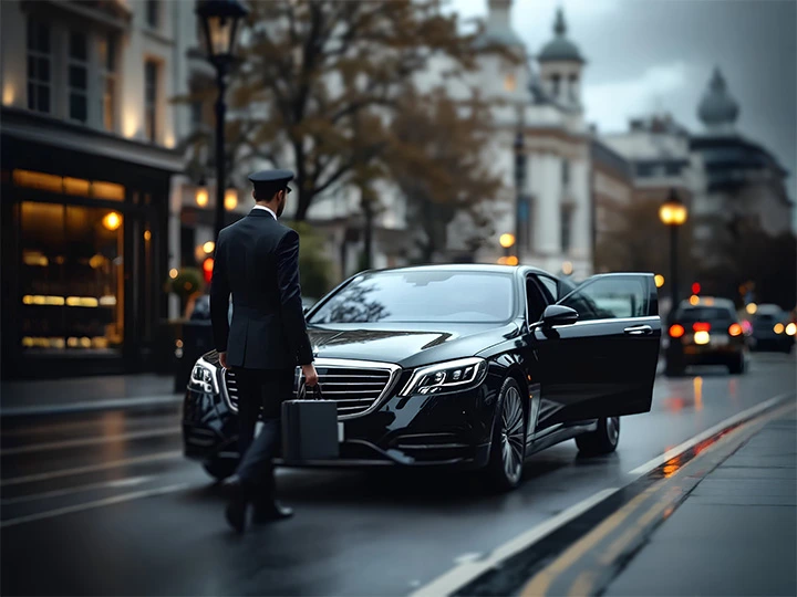 Code E Cars Transportation Service carrying client's bag to luxury car