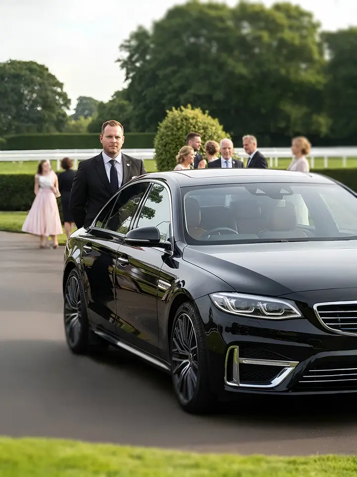 Code E Cars parked Mercedes by guests at reception event chauffeur service